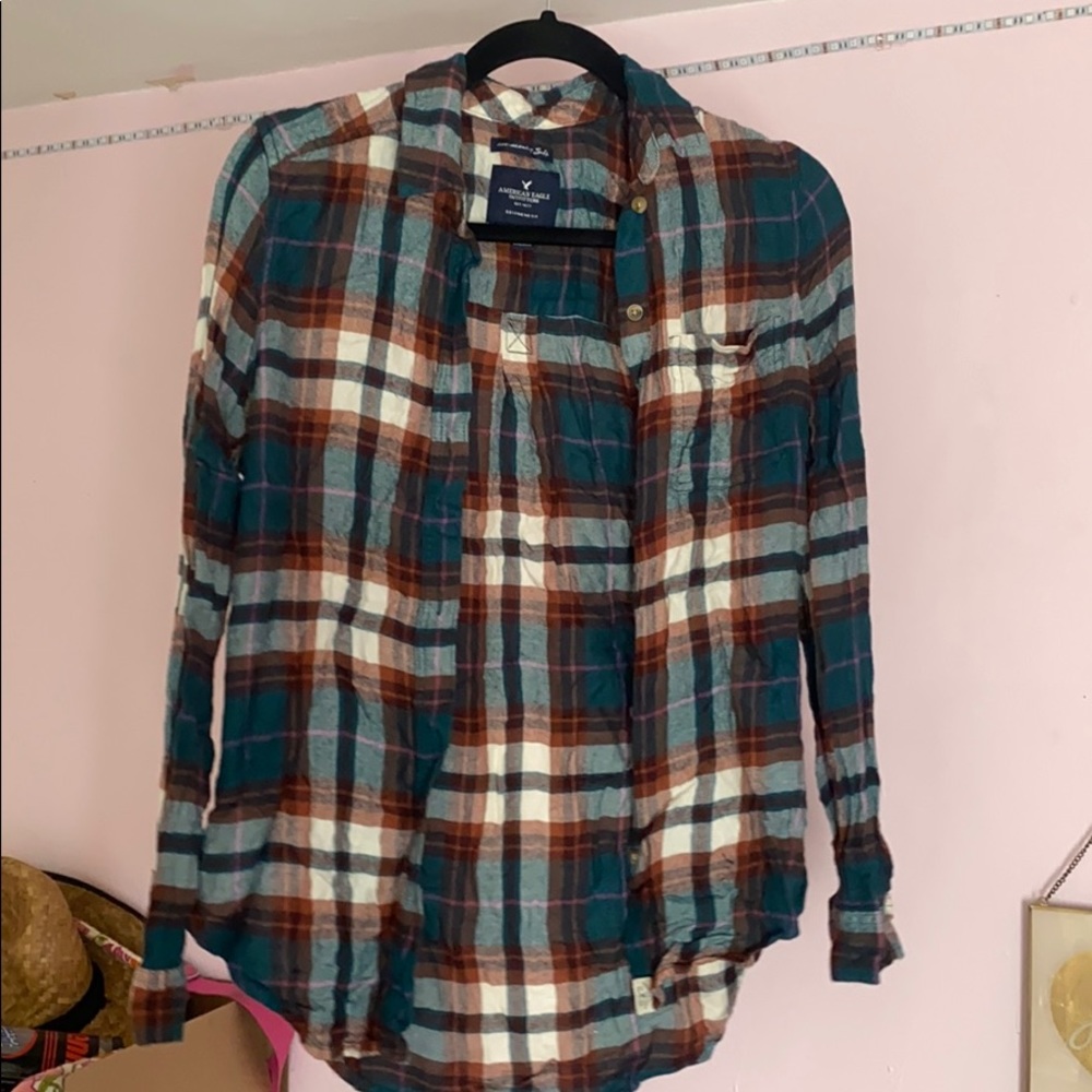 American Eagle green and orange flannel